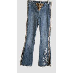 Vintage Guess Jeans Girls 10 Blue Flare Leg Y2k Embroidered Floral Split Hem